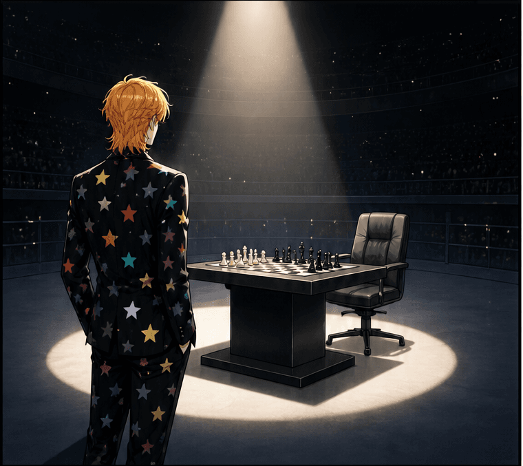 Editorial illustration of a single chessboard set in a spotlight on a dark arena stage.